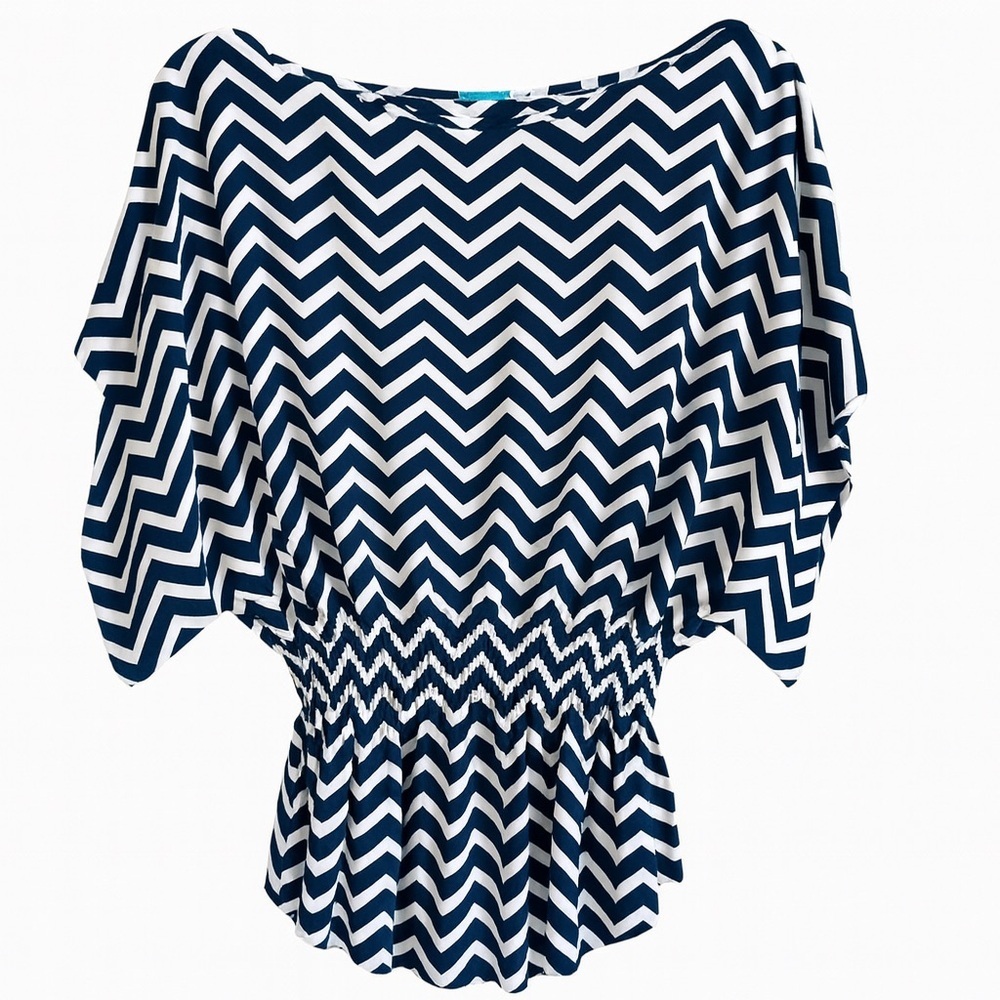 New Escapada Navy White Chevron Print Dolman Sleeve Top Summer Resortwear Medium